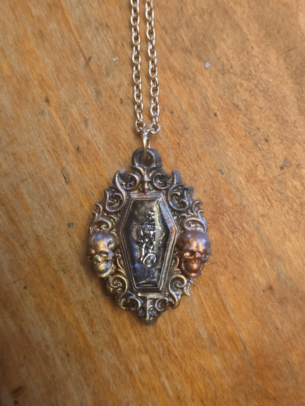 Skull Frame With Coffin In Center W Dancing Skeleton Inside, Silver-tone Chain